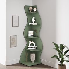 a corner shelf with books and other items on it next to a potted plant