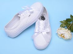 "All orders for trainers / sneakers to USA/Canada will be delivered in 2-4 business days after production without extra costs Made with love for your wedding day by Lovin Bridal - More Wedding shoes at our shop : http://lovincollection.etsy.com It's the bride's prerogative to wear the comfiest bridal shoes. If you're set on heels then one option is to have your Lace Vans as a second pair of bridal shoes to change into for the reception. There are so many options for your wedding sneakers - go fo Bride Vans, Bridal Trainers, Wedding Vans Shoes, Sneakers Bride, Lace Vans, Wedding Tennis Shoes, Classic White Sneakers, Wedding Vans, Wedding Shoes Sneakers