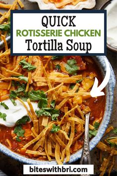 a bowl filled with tortilla soup and topped with sour cream