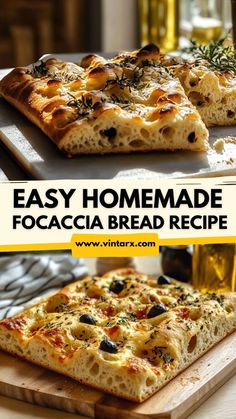 homemade focaccia bread recipe on a cutting board