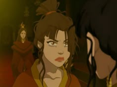 an animated image of a woman with dark hair and brown eyes looking into another woman's face