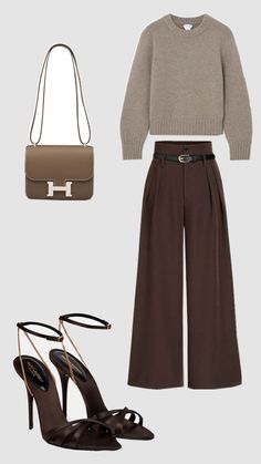 #hermes #hermesbag #sweater #ysl #yslheels  #winteroutfitinspo #browntrousers Ysl Heels, Brown Trousers, Hermes Bag, Outfit Inspo