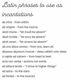 the words latin phrases to use as incatations are shown in black and white