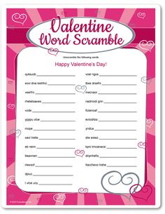 valentine word scramble game with hearts on pink and white background, for kids to play