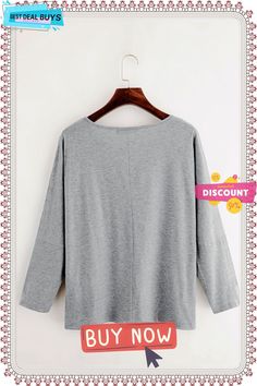 Casual Long Sleeve Printed Top T-shirt Cotton V-neck Top With Letter Print, Gray Crew Neck Long Sleeve Top Casual, Casual Gray Crew Neck Long Sleeve Top, Casual Gray Loungewear Top, Plain Cotton V-neck Top, Gray Crew Neck T-shirt For Fall, Summer Crew Neck Long Sleeve Top For Loungewear, Summer Loungewear Long Sleeve Crew Neck Top, Summer Long Sleeve Crew Neck Top For Loungewear