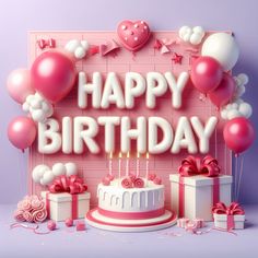 a birthday card with balloons, presents and cake in pink on a purple background that says happy birthday