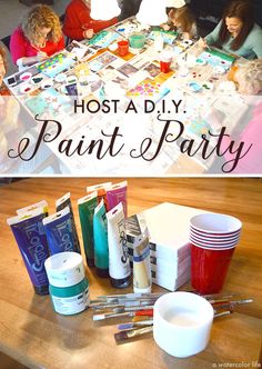 kids sitting at a table with paint and paper on it, and the words host a diy paint & party