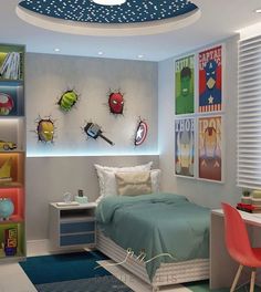 a bedroom with a bed, desk and bookcases in the middle of it