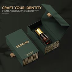 an open green box with a gold top and label on the inside that says, craft your identity