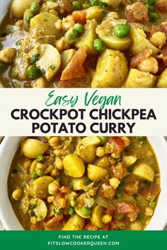 easy vegan crockpot chickpea potato curry in a white bowl on a green background