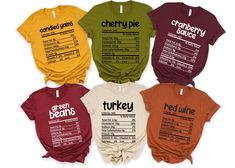 four t - shirts with the names of different foods