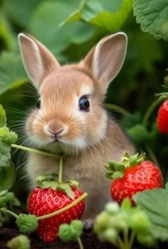 a small rabbit sitting in the grass with strawberries