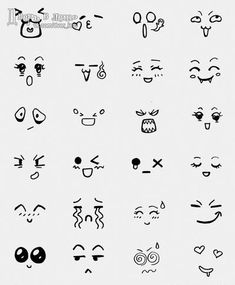 an assortment of different faces drawn in black ink