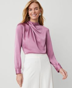 With a shine woven front and soft knit back, our drape neck top offers the best of both worlds. Mock neck. Long sleeves with button cuffs. Back slit with button closure. Woven front and sleeves. Knit back.,Imported:Imported,Fit:Soft & stretchy fit,Length:25 1/2" long,Fabrication:Knit: 95% Polyester, 5% Spandex; Woven: 100% Polyester,Garment Care:Machine Washable Drape Front Mixed Media Top by Ann Taylor Size regular - XL Autumn Rose Women's Mock, Neck, Long, Sleeve, Knits, Tops, Knit 95%, Polyester, 5%, Spandex Woven 100%, Polyester, Machine, Washable Autumn Rose, Silk Wrap Dresses, Knitted Suit, Mock Neck Long Sleeve, Flounced Dress, Holiday Party Outfit, Boatneck Sweater, School Graduation, Pleated Midi Skirt