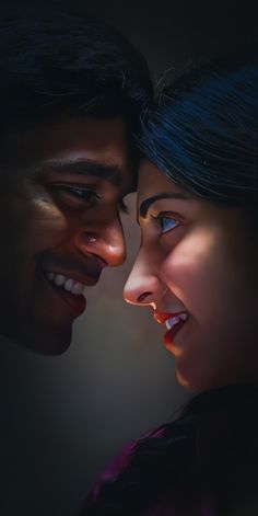 a man and woman looking at each other with their faces close to one another's face