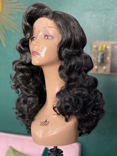 Lace front, synthetic. Made to order. No returns, no refunds. Vintage Curls Wedding, 1930 Curly Hairstyles, Long Vintage Hair, Pinup Hair Wigs, Easy Cute Girls Hairstyles, Marilyn Monroe Curls Black Women, Curly Hair Pinup Style, Vintage Long Hair, 1920s Hair Long