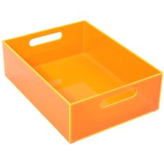 an orange plastic storage box with handles on the bottom and two compartments at the top