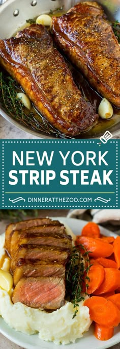 new york strip steak with mashed potatoes and carrots on a white plate in front of it