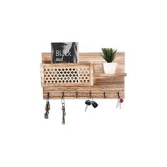 a wooden shelf with keys, key hooks and a potted plant on top of it