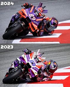 two pictures of the same person riding a motorcycle on a race track, one with an orange and purple helmet