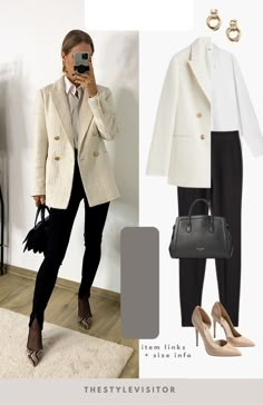 Winter Outfits With Blazers For Women, White Knit Blazer Outfit, The Style Visitor, White Blazer Winter Outfit, Workwear Outfits, Simple Work Outfits, Outfit Elegantes, Cold Fashion, Dressy Casual Outfits