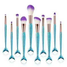 Mermaid Makeup Brushes, 10PCs Professional Premium Makeup Brush Set Foundation Powder Eyeshadows Blending Blush Skin Care Products Brushes (Blue) Mermaid Brush, Mermaid Makeup Brushes, Makeup At Home, Flawless Makeup Application, Makeup Brushes Set, Mermaid Makeup, Makeup Needs, Mermaid Style, Eyebrow Brush