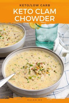 two bowls of keto clam chowder on a table