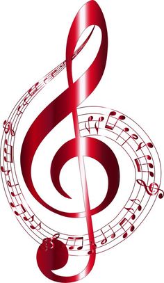 a red treble with music notes on it's sides and an apple in the middle