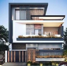 an architectural rendering of a modern house with balconies and plants on the roof