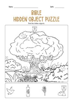 the bible's hidden object puzzle is shown in this coloring book, which includes an image