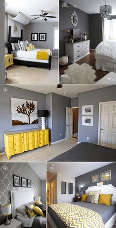 this is a collage of photos with yellow and gray furniture in different rooms, including a bed