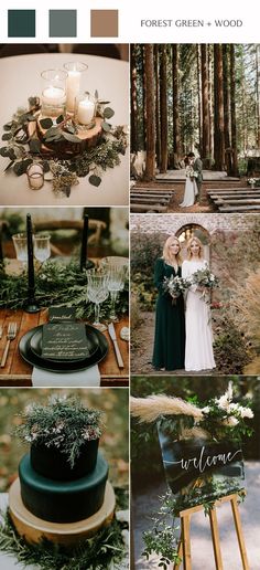 a collage of photos with green and white wedding colors, greenery and candles