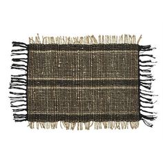 a brown and black rug with fringes on it