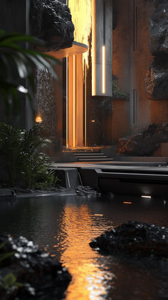 the interior of a building with water and plants