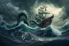 an octopus attacking a pirate ship in the ocean with stormy skies and dark clouds behind it