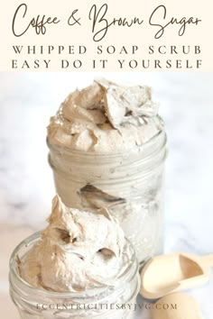 coffee and brown sugar whipped soap scrub in a jar