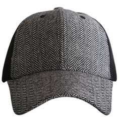 Herringbone Baseball Hat- Black Black Visor Baseball Cap, Black Baseball Cap With Visor-style Brim, Classic Black Fitted Visor Hat, Classic Black Visor Fitted Hat, Classic Black Fitted Hat With Visor, Classic Black Six-panel Trucker Hat, Black Herringbone Pattern Flat Cap, Black Baseball Cap With Curved Brim, Black Winter Visor Baseball Cap