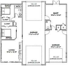 the floor plan for a two story house with garage and living room, including an attached bedroom