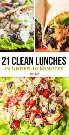 four different pictures with the words 21 clean lunches in under 10 minutes on them