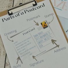 a close up of a piece of paper on a clipboard with words and pictures