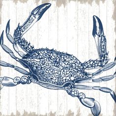 a blue and white drawing of a crab