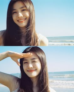 two pictures of a woman smiling and holding her hair in front of the ocean with waves