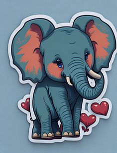 an elephant sticker with hearts on it's back and trunk, sitting in front of a blue background