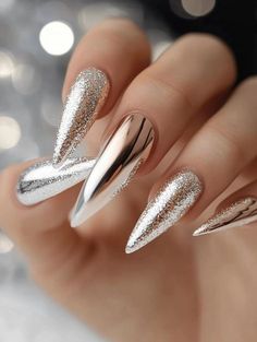 New Year’s Acrylic Nail Designs, Christmas And New Year Nails Glitter, New Year Inspired Nails, Almond Shaped Holiday Nails, Chrome Nails Holiday, Holiday Coffin Nail Designs, New Years Nails Acrylic Almond, Christmas Nails Classy Elegant, Christmas Glam Nails