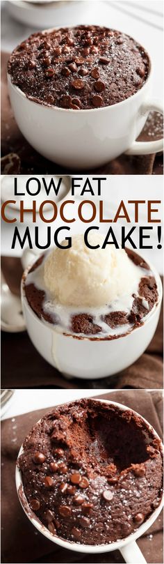 Low Fat Chocolate Mug Cake recipe WITH another video. Ready in less than one minute! Fluffy. Buttery and soft. The BEST low fat, guilt-free mug cake! | http://cafedelites.com Recipe Desert, Chocolate Mug Cake Recipe, Cake Microwave, Bake Sweets, Low Fat Desserts, Layered Cakes, Microwave Snacks, Chocolate Mug Cake