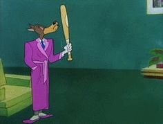 a cartoon dog in a purple robe holding a baseball bat and looking at the ground