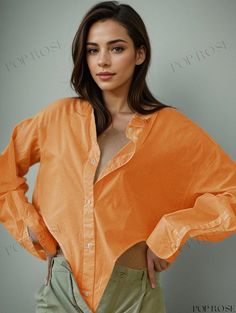 Poprose - Oversized Long Sleeve Button Front Blouse Spring Oversized Blouse In Solid Color, Oversized Collared Solid Color Blouse, Oversized Solid Color Collared Blouse, Oversized Long Sleeve Orange Blouse, Oversized Orange Long Sleeve Blouse, Button-up Solid Color Tops For Daywear, Plain Oversized Spring Shirt, Daywear Solid Color Button-up Tops, Solid Color Button-up Tops For Daywear