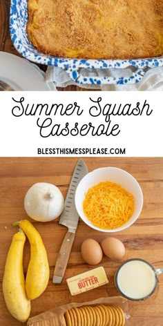 the ingredients to make an easy summer squash casserole are shown in separate images