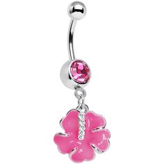 a pink flower belly ring with crystal stones on the bottom and a dangling bar in the middle