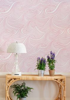 waves wallpaper lingua franca pink Waves Wallpaper, Geometric Vintage, Fabric Wall Art, Wallpaper Rolls, Eco Friendly Paper, Paper Material, Diy Desk, Wallpaper Panels, Fabric Wall